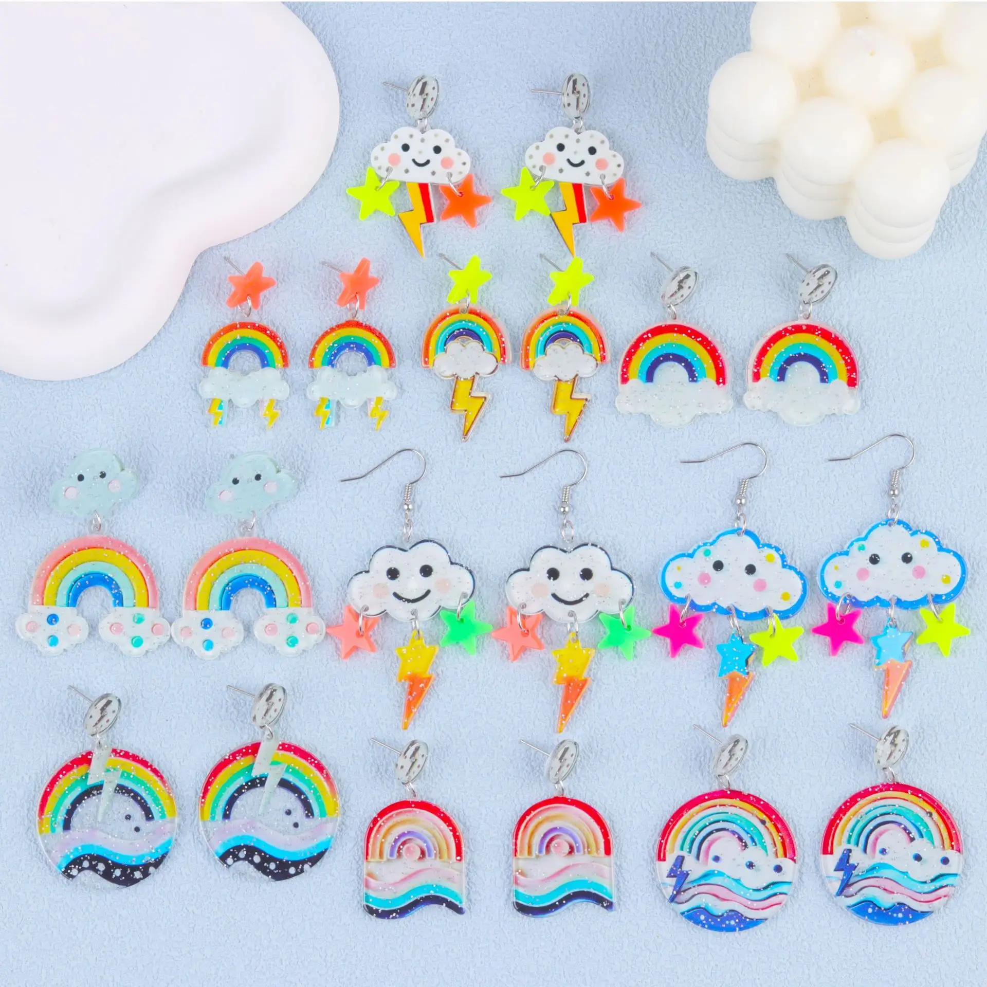

10 Pairs Print Acrylic Rainbow Cloud and Lightning Spring Summer Earrings Unique Fashion Jewelry Wholesale