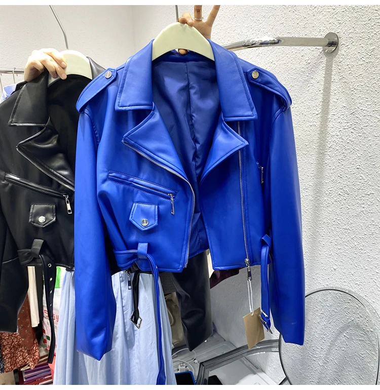 Lautaro Spring Autumn Short Blue Soft Pu Leather Biker Jacket Women Zipper Long Sleeve Belt Cool Luxury Designer Clothes 2022
