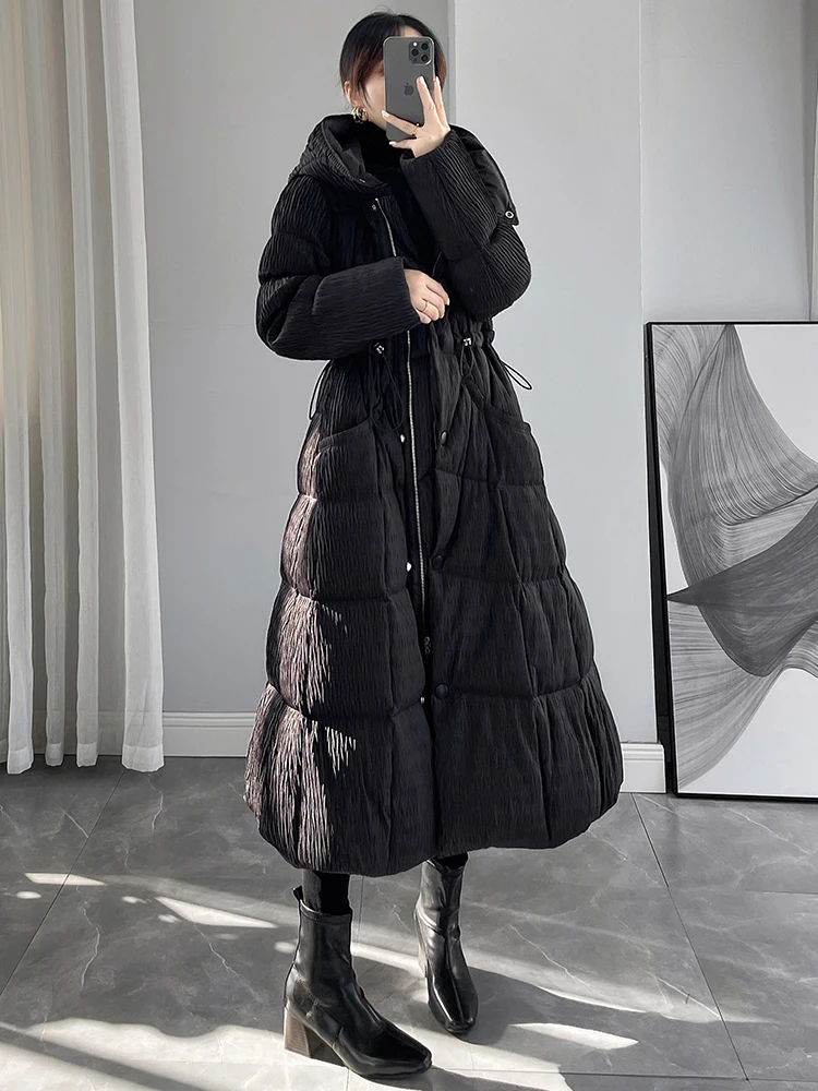 

Женская зимняя куртка с капюшоном Bla, новинка 2025 года, корейская свободная талия для похудения, длинная 90, белая верхняя одежда с перьями Du