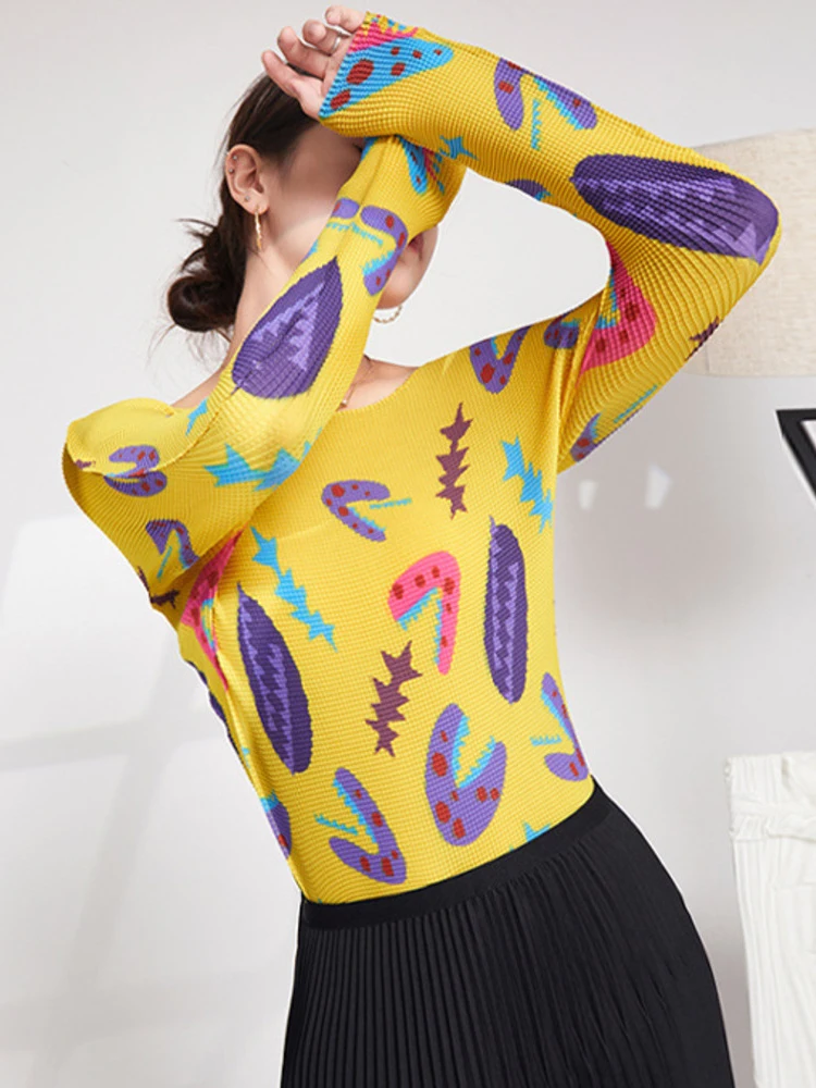 

Pleated Temperament T-shirt Women Printing Elegant Elastic Fabric O Neck Long Sleeve 2022 New Spring Autumn Fashion Trend