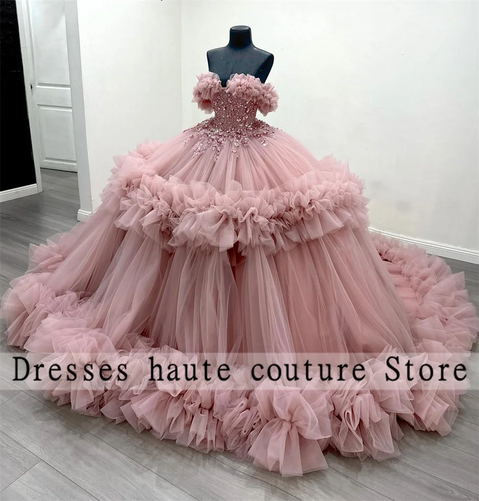 New Pink Tulle Ball Gown Quinceanera Dresses 2025 Crystals Appliques Ruffles Sweet 15 Dress Customized Vestidos De 15 Años