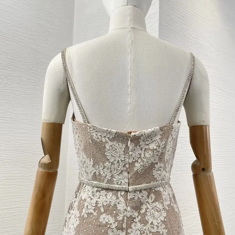 Diamonds Women New Autumn Top Quality 2024 White Lace Patchwork Sleeveless 3D Flower Decoration Lady Camisole Mermaid Maxi Dress image 5