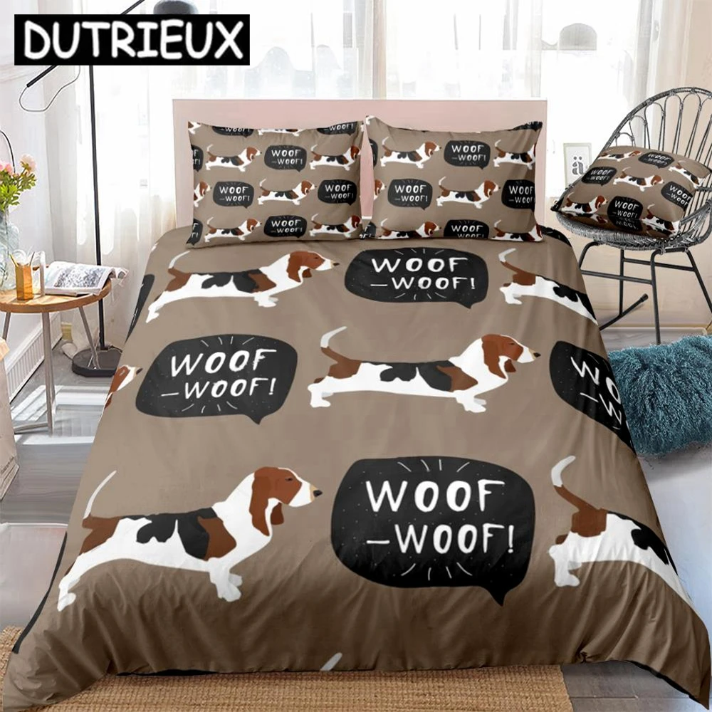 

Brown Dot Basset Hound Dog Duvet Cover Set, Cartoon Animal Dog Bedding Set