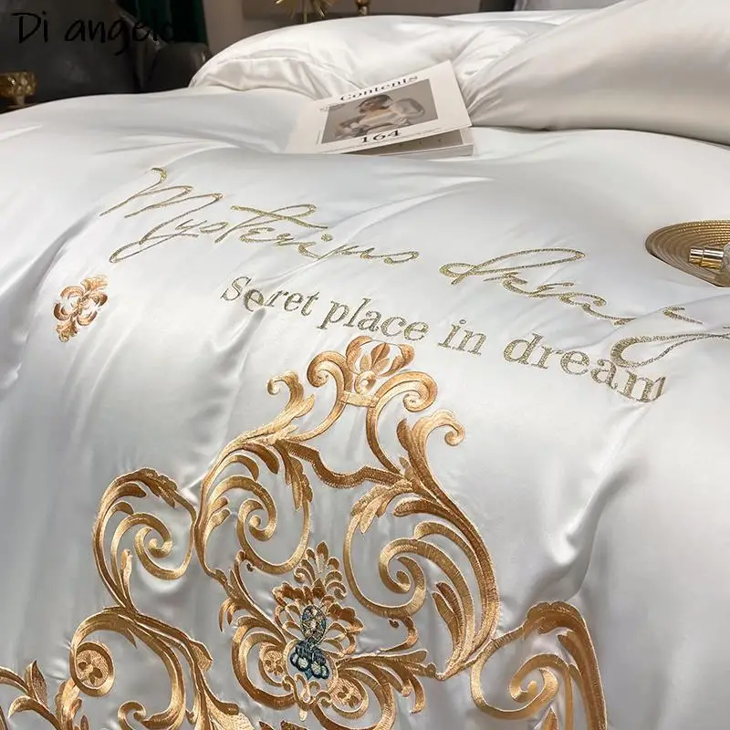 New White Luxury Exquisite Gold Royal Embroidery Soft Easy Bedding Set Duvet Cover Bed Linen Flat Sheet Pillowcases #/L