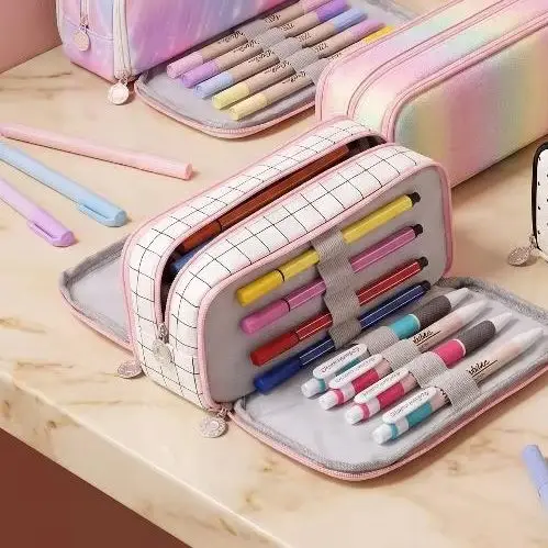 ∘Large Pencil Case Double-Layer 3-Compartment Oxford Cloth Waterproof Sturdy Zippered Organizer for Students Office Art