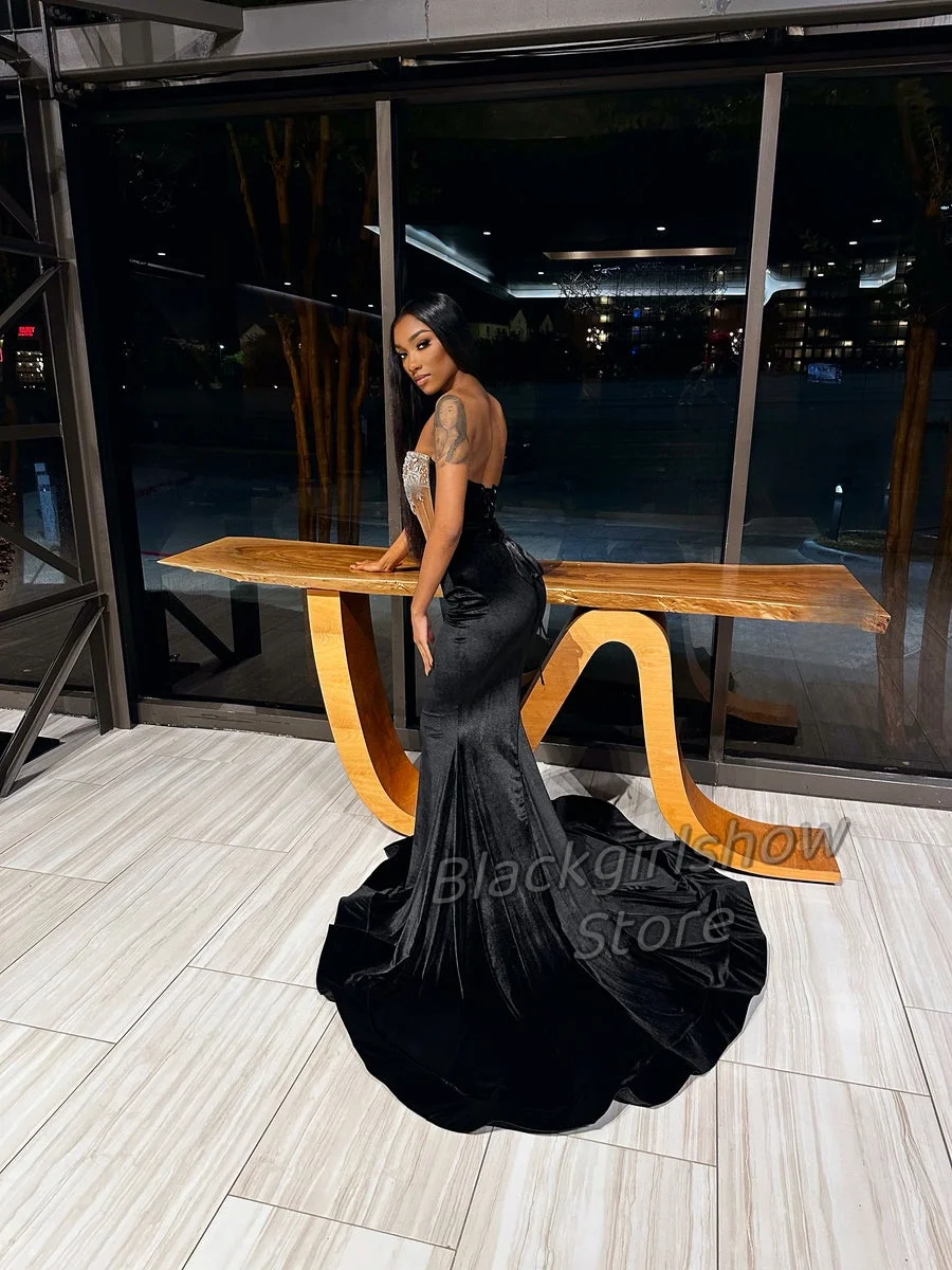 Luxury Black Long Prom Dresses 2025 For Women Sparkling Sexy Crystal Applique Tulle See Through Birthday Party Dress Customised