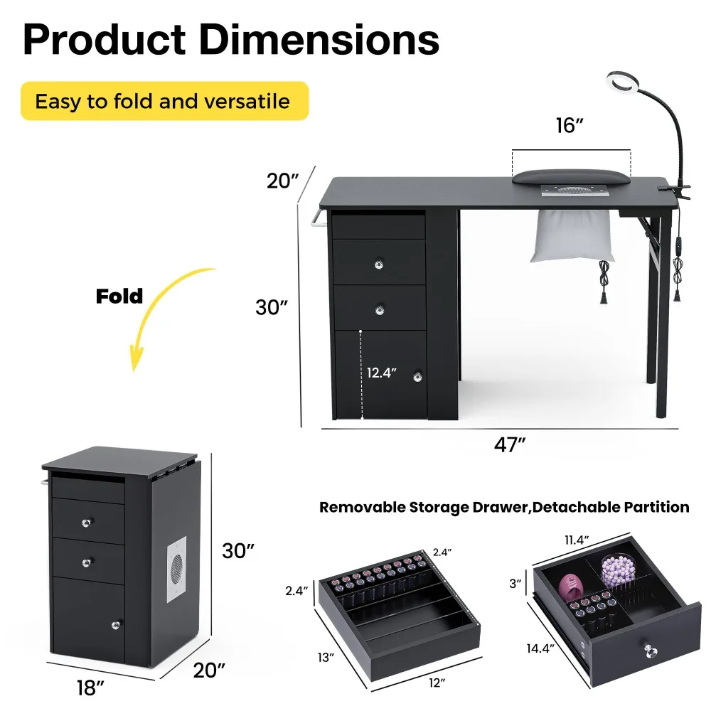 Foldable Nail Table with Dust Collector, Manicure Desk for Nail Tech,with LED Lamp, Wrist Rest, Rolling Nail Table for