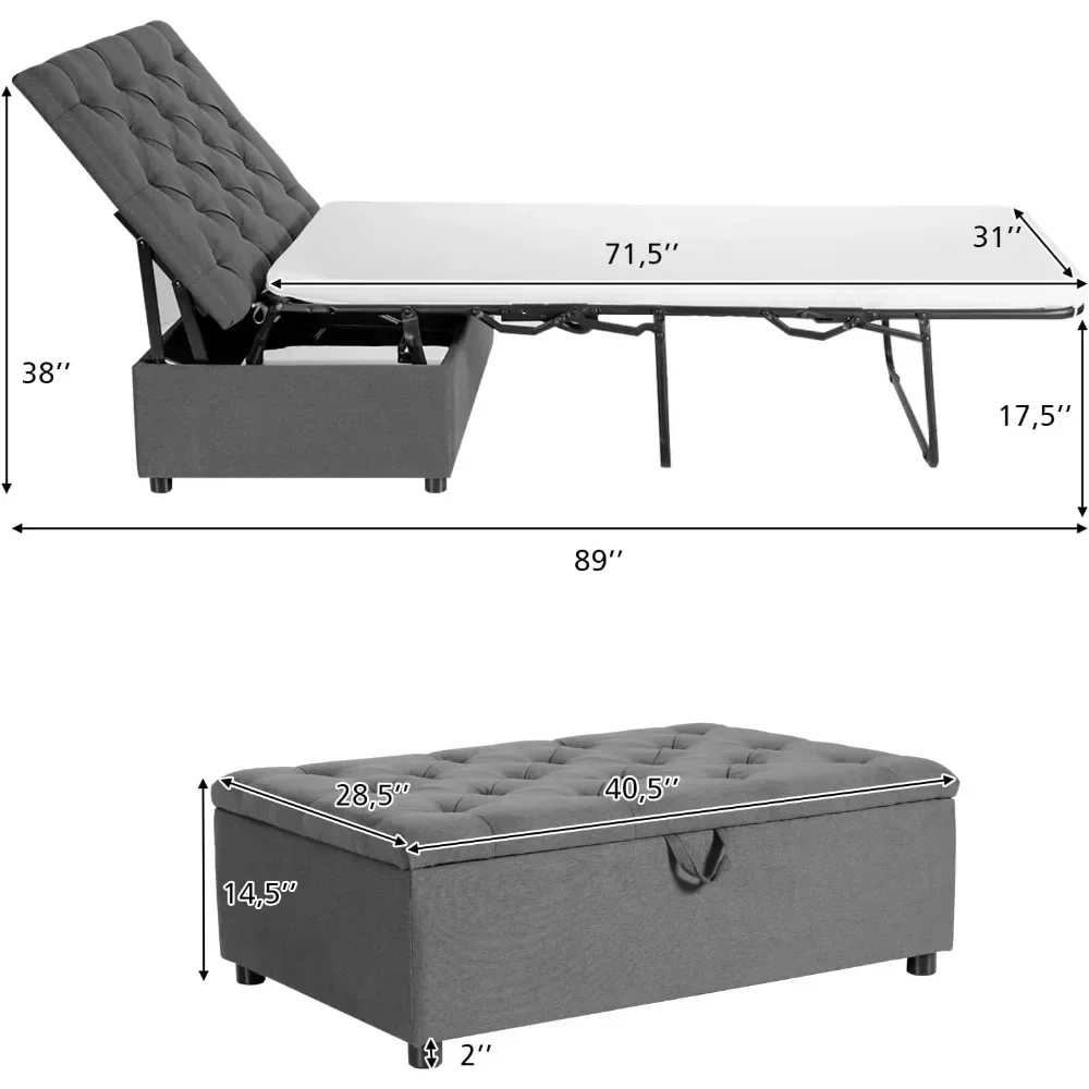 Ottoman Folding Bed, Fold Out Sleeper Bed with Mattress, Convertible Chair into Sofa Bed, Couch Sleeper w/Steel Frame