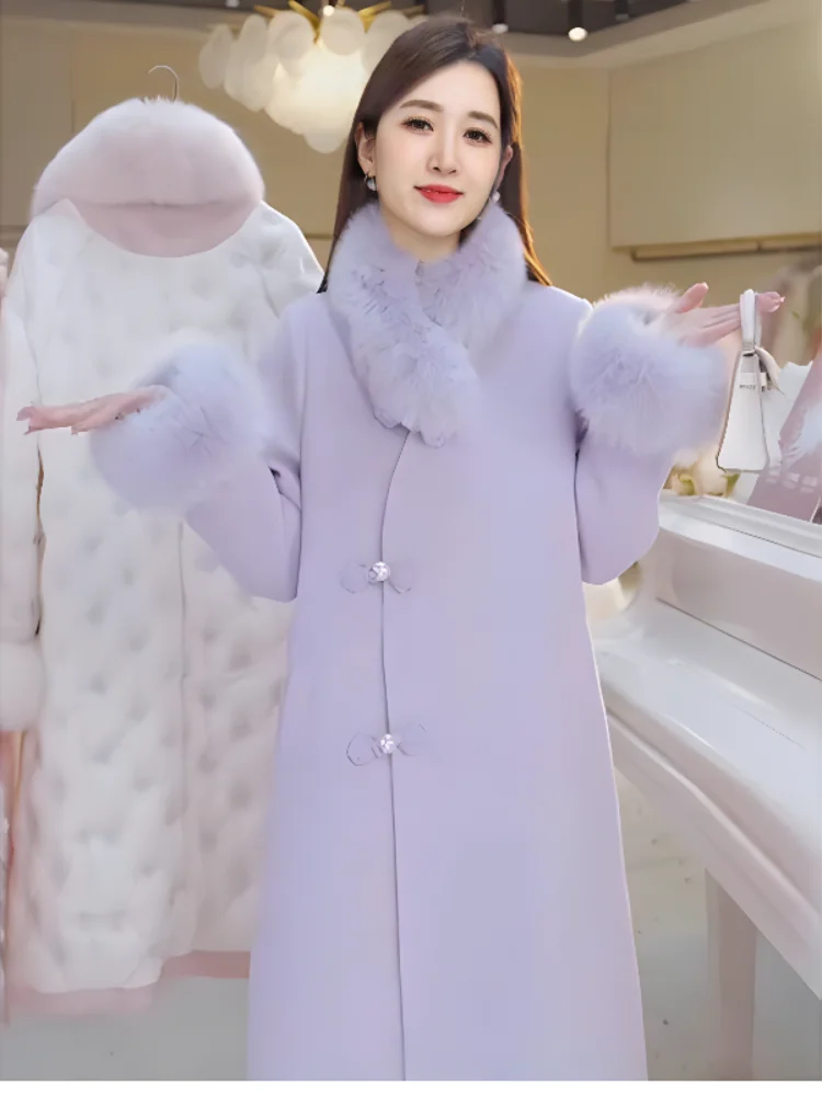 Casaco de Lã Elegante com Design de Botão, Comprimento Médio, Jaqueta Feminina Princ Sle, Casaco Longo de Tubo Reto