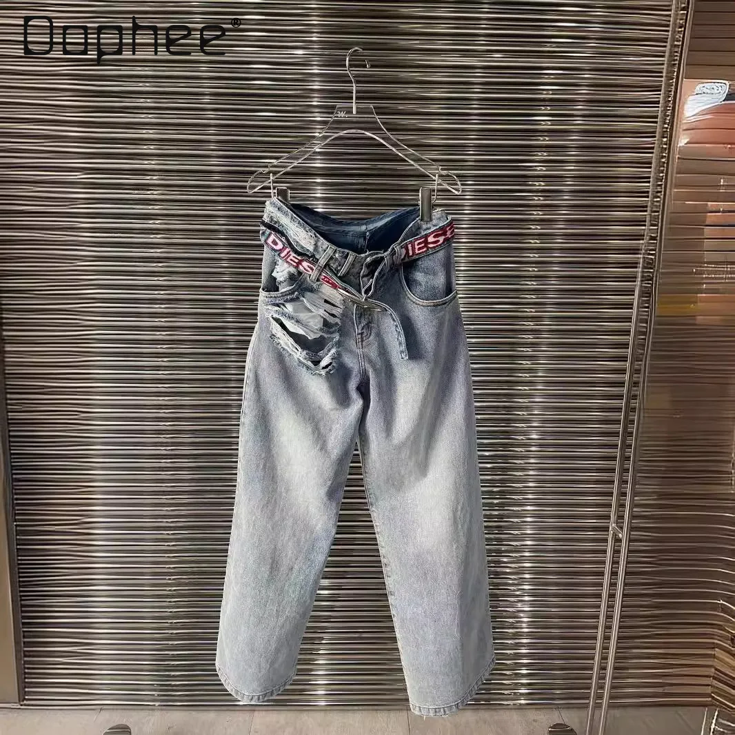 High Waist Fake Two Piece Ripped Denim Pants Women Retro Embroidery Belt Wide Leg Pants High Street Light Blue Casual Trousers