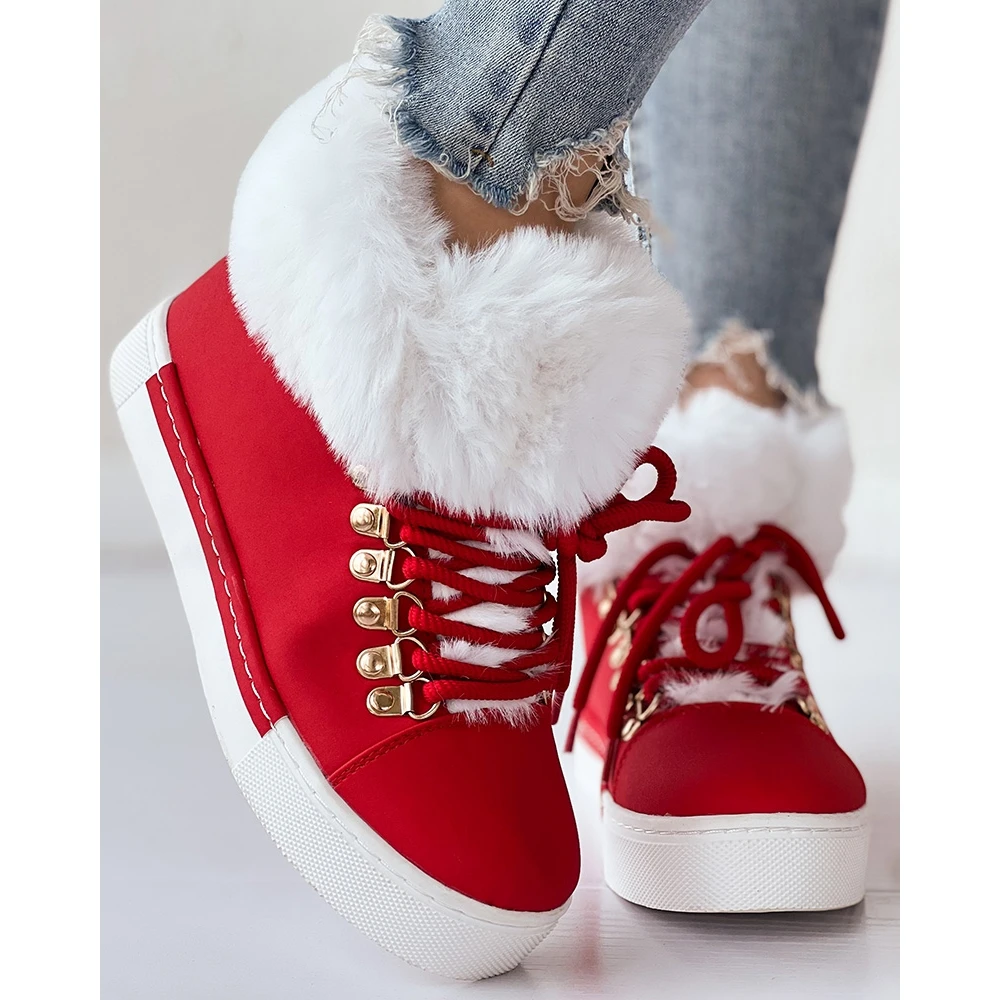 Winter Women's Fuzzy Lined Lace-up Thermal Warm Flats Ankle Boots Femme Casual Fluffy Flats Snow Boots Christmas Shoes New Year
