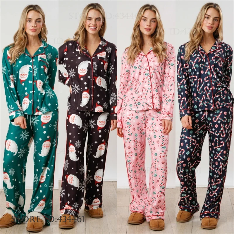 

Christmas Women's Sleepwear 2PCS Pajamas Set Print Cartoon Santa Claus Homewear Long Sleeve Trouser Pijamas Loose Lounge Wear