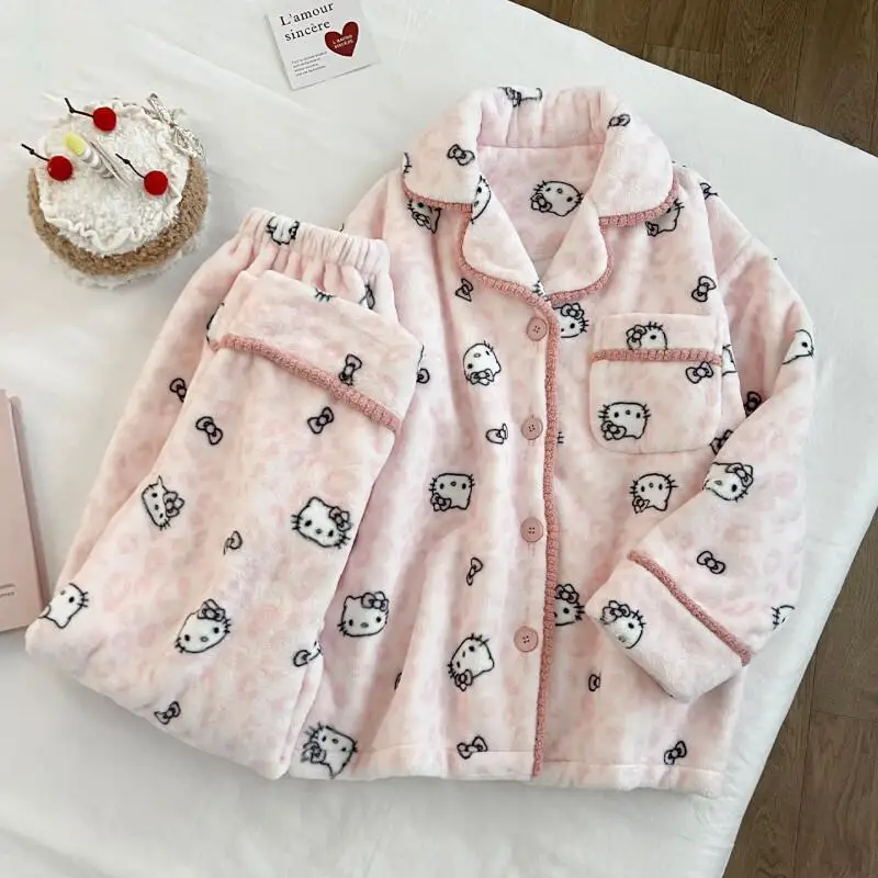 

Cartoon Pajamas Women Coral Fleece Winter Thick Flannel Warm Fashion Trendy Sleepwear Set Cute Kawaii Hello Kitty Homewear Set