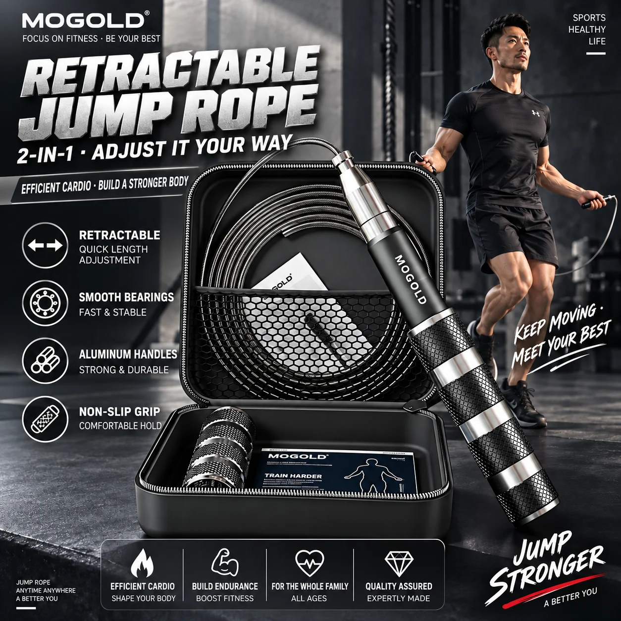 MOGOLD Pro Jump Rope – Retractable Aluminum Handles, Quick Adjustable Length, Dual Bearings for Fast & Smooth Jumps, Pocket-Size