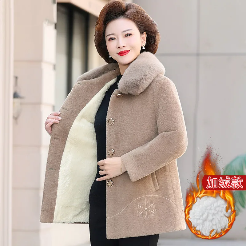 Mother Winter Jacket Coat Fashion High End Imitation Mink Velvet Woolen Coat Middle-aged Women Thick Warm Wool Liner Parkas 5XL