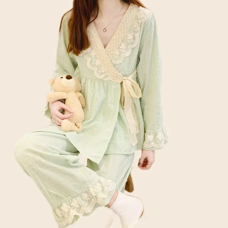 Palace Cute Pajamas Set - Sexy Lace Sleepwear for Women, Elastic Pyjama, Women\'s Cotton Autumn Fashion Homewear