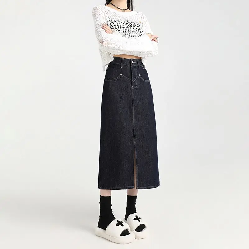 High Waist Split Denim Skirt Women's Summer Spring 2025 New Mid Length Slim Long Skirts for Women