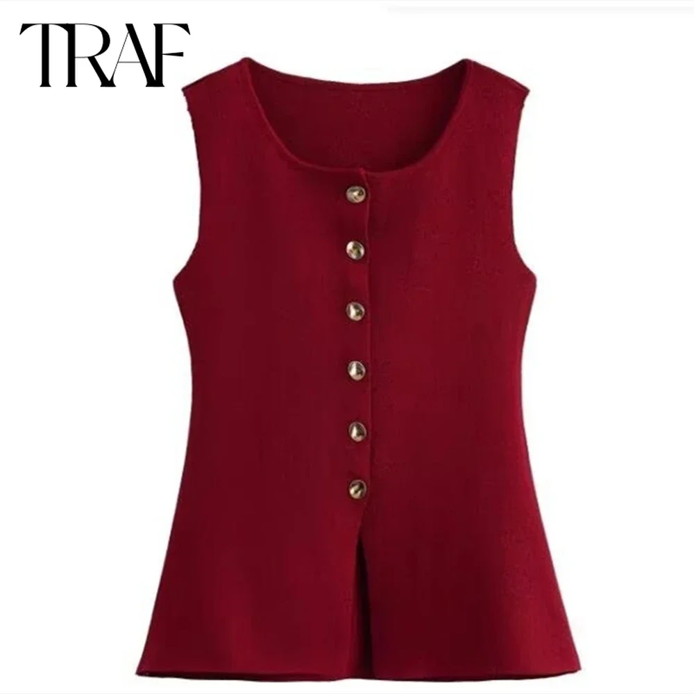 TRAF Knitted Vest for Women Fashion 2024 Autumn Winter New Sleeveless Gold Single Breasted Round Neck Chic Ladies Tops Mujer