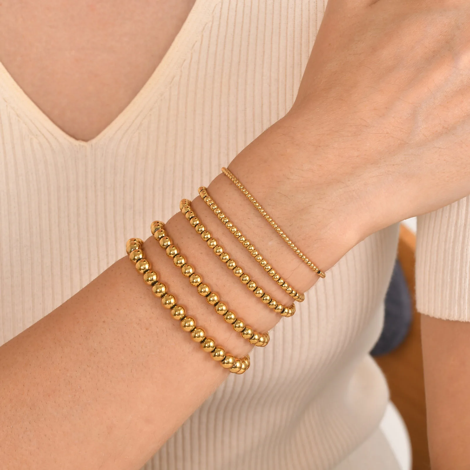 Vnox Gold Color Bead Bracelets for Women Men, Anti Allergy Stainless Steel Beaded Ball Stretchable Elastic Stacking Bracelet Set