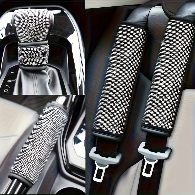 

4pcs Car Gear Shift Collar Cover Hand Brake Cover Car Seat Safety Belt Cover Car Rhinestones Auto Interior Accessories Tools