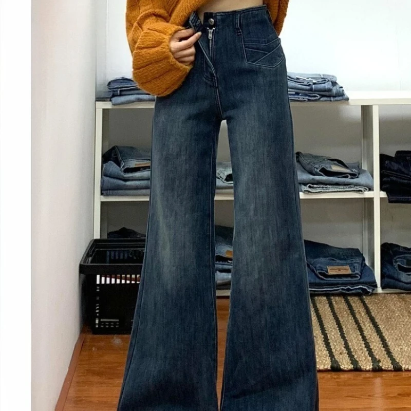 بنطلون جينز نسائي من الصوف عالي الخصر وواسع الساق من قماش الدنيم مسحوب قليلاً مريح مناسب 2025 طراز عصري