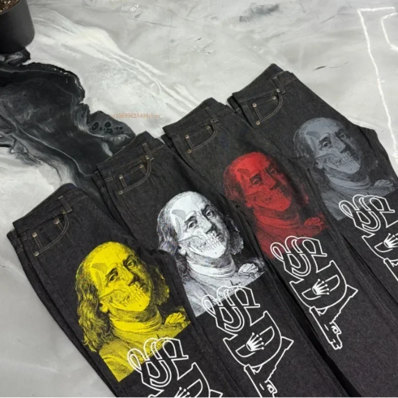 Ins New Net Red Design Personality Printing Wide Leg Pants Men Women Black Straight Jeans Winter Loose High Street Casual Jeans