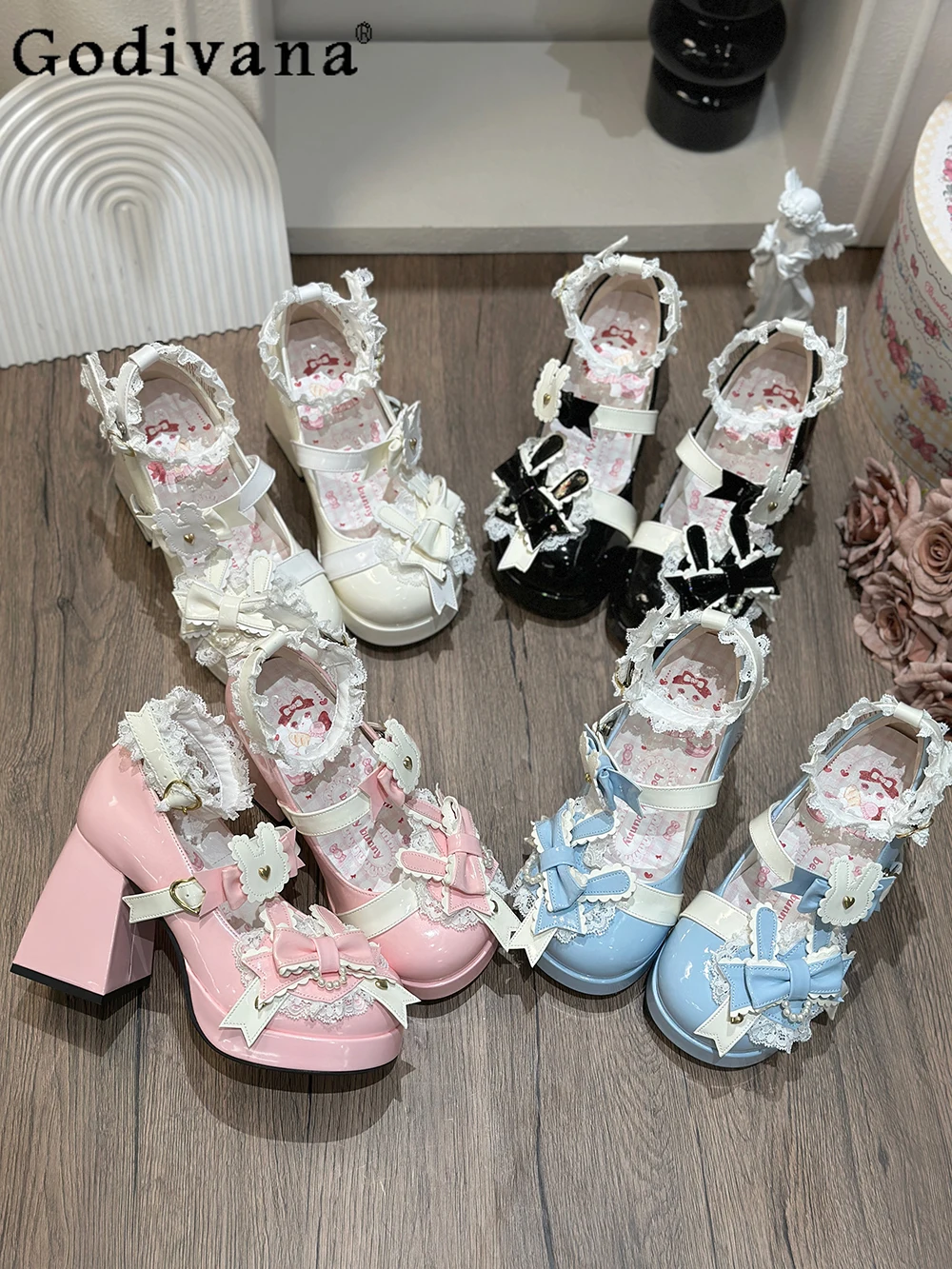 

Japanese Original Sweet Lolita High Heels Cartoon Cute Girl Round Head Thick Heels Bow Rabbit Ear Daily Versatile Student Shoes