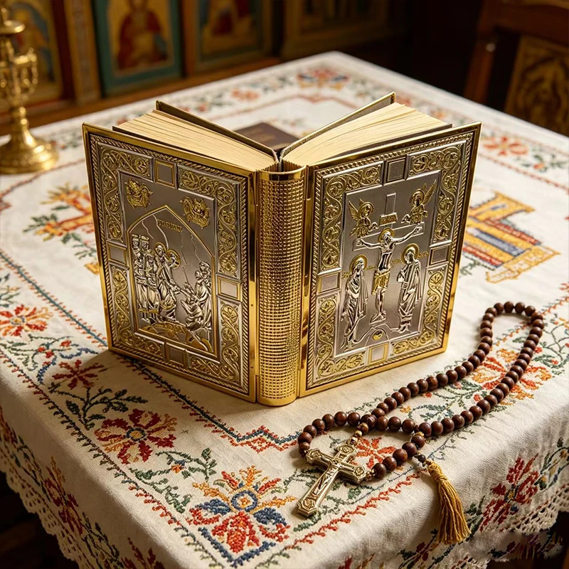 

Gold Plated Catholic Orthodox Bible Cover with Enamel Icons for Church Liturgy Home Altar Prayer Devotion Christian Gift Decor