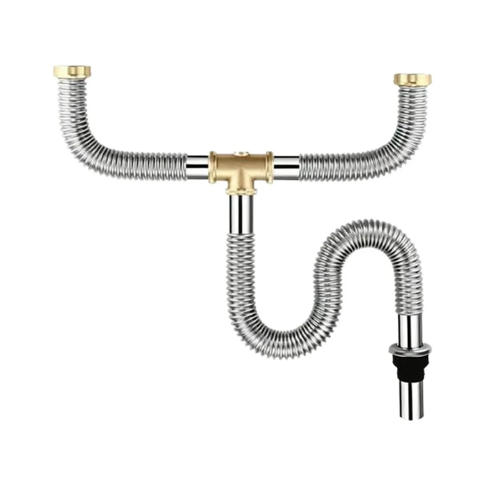 Drain Pipe Kit for Dual Sink Use Featuring Stainless Steel Corrugated Flexible Hose for 1-1/2 inch and 1-1/4 inch Drain Sizes