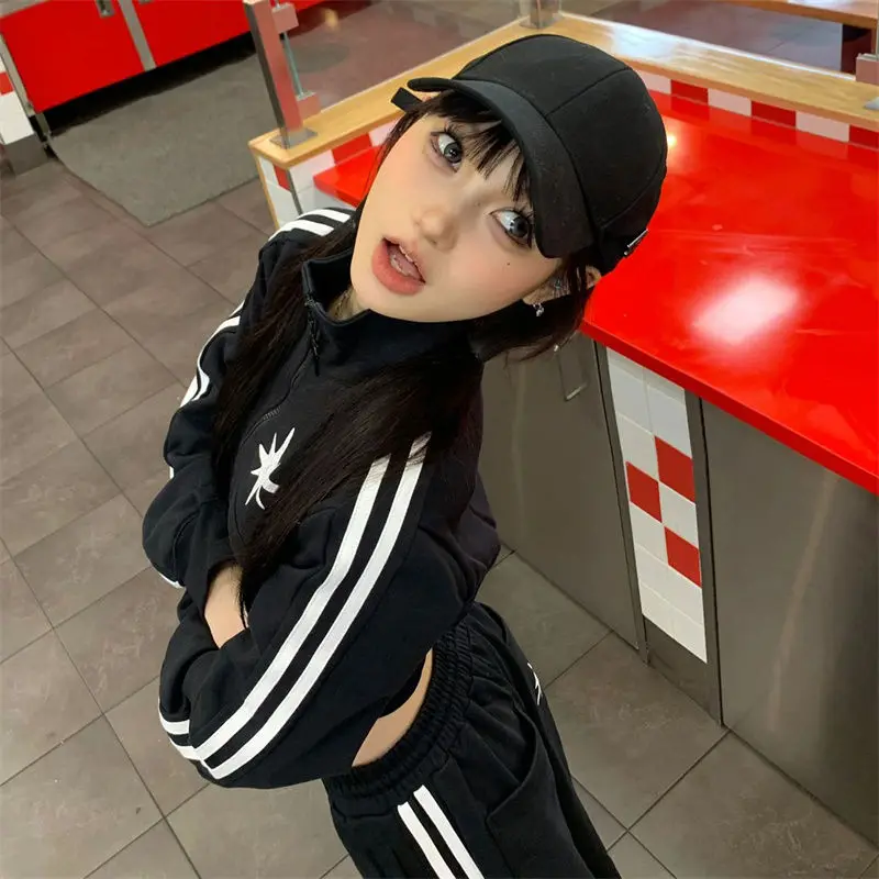 Spring High Street 2pcs Sets Women Korea Zipper Cropped Jackets Straight Loose Sweatpants Korea Fashion Striped Tracksuits New