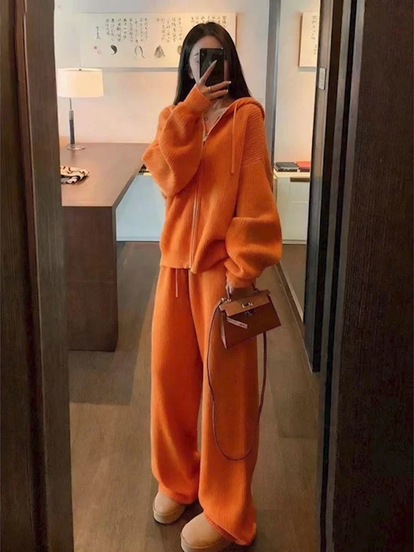 

Элитный оранжевый вязаный комплект: женский повседневный костюм из двух предметов с широкими брюками, зимняя коллекция, удобный крой, застежка-молния