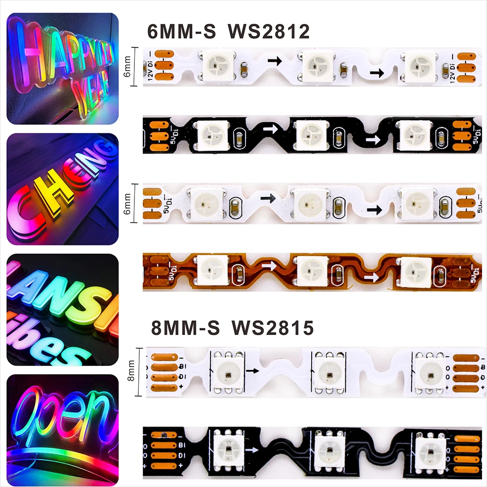 5V/12V RGB S-type LED Lights WS2812B/WS2815 S-shaped SMD5050 Addressable RGB Pixel Character LED Strip Light for WS2812/WS2815