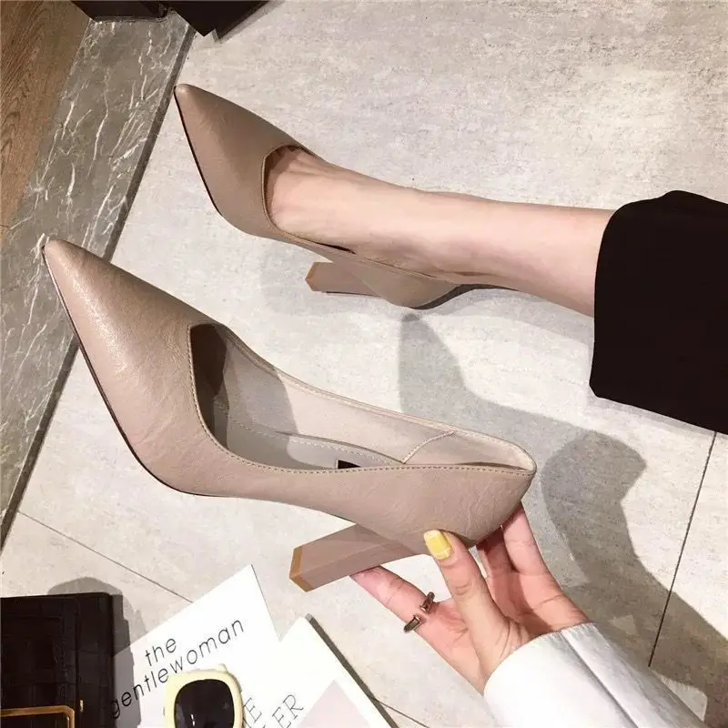 Ladies Summer Footwear Pointed Toe Shoes for Women 2024 Office Super High Heel Black Formal Square Heels Genuine Mark Beau Today