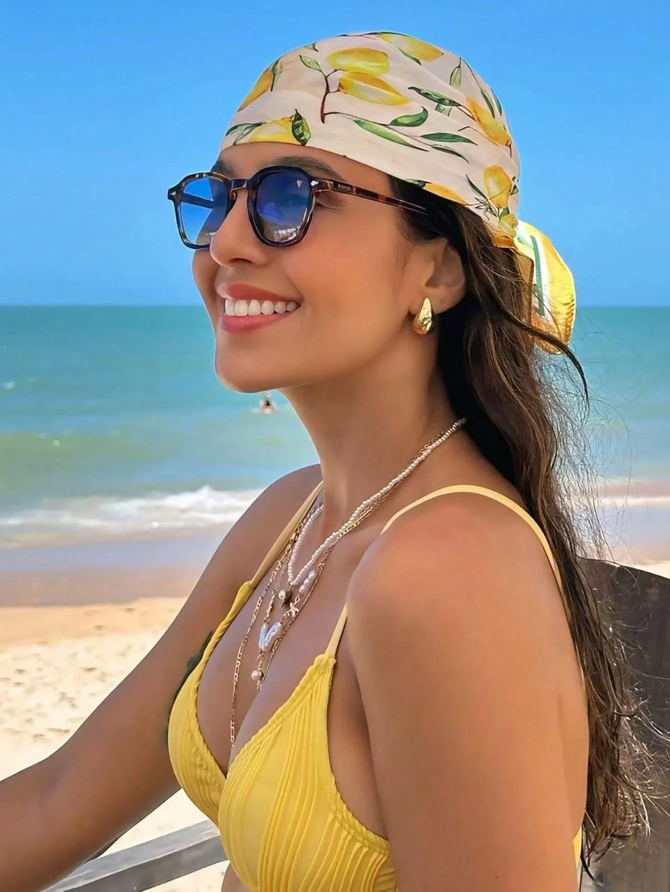 Summer Beach Yellow Lemon Print Silk Hijab Scarf Women Neck Ties Sunscreen Decorate Neckerchief 70*70cm Square Scarves