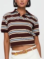 Women Summer Basic T-Shirt Casual Striped Print Lapel Short Sleeve Tops for Female Streetwear Aesthetic Grunge Clothes y2k 2000s