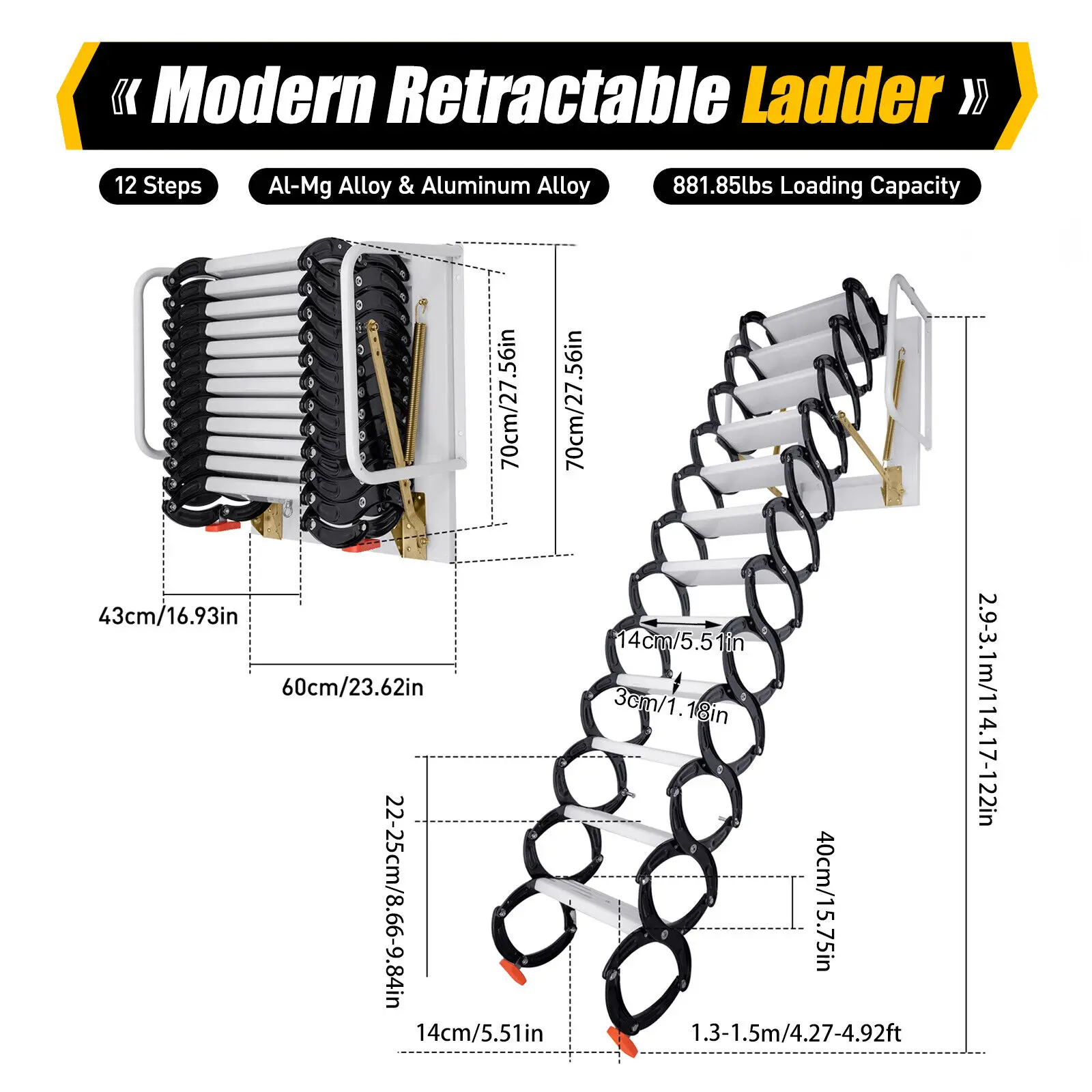Escalera plegable montada en la pared de 12 escalones y 10,17 pies, escaleras tipo loft para ático, capacidad de 882 lb, negra