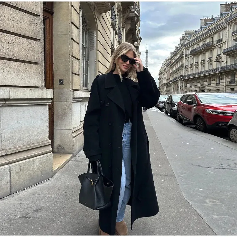 Outono e inverno moda feminina trench coat temperamento elegante lapela gola casaco longo casual manga longa duplo breasted casaco