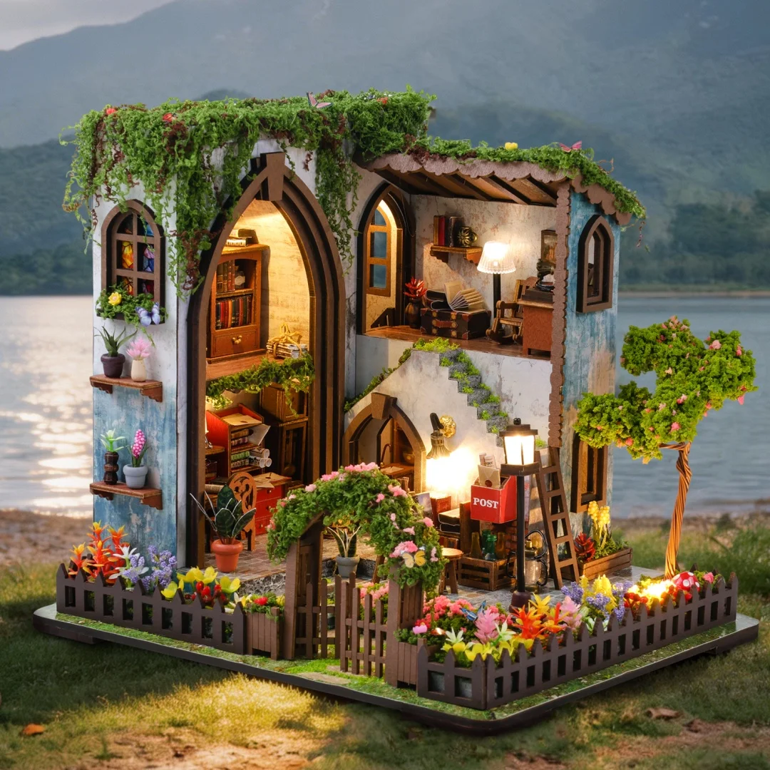 Huajing Xiaozhu Handmade Book Nook, Wooden 3D Puzzle Assembly Miniature Scene Model, DIY Mini House Bookshelf Insert Decor