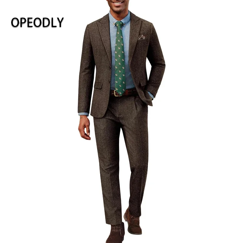 

OPEODLY Mens 2 Piece Suit Vintage Slim Fit 2 Button Peak Lapel Blazer and Pants Set for Men Formal Business Wedding Party