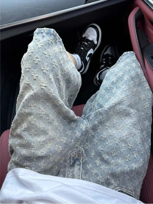 

American Retro Floral Short Jeans Men's Summer Thin Design Sense Ripped Five-Point Loose Casual Mid-Pants Straight Leg Jeans