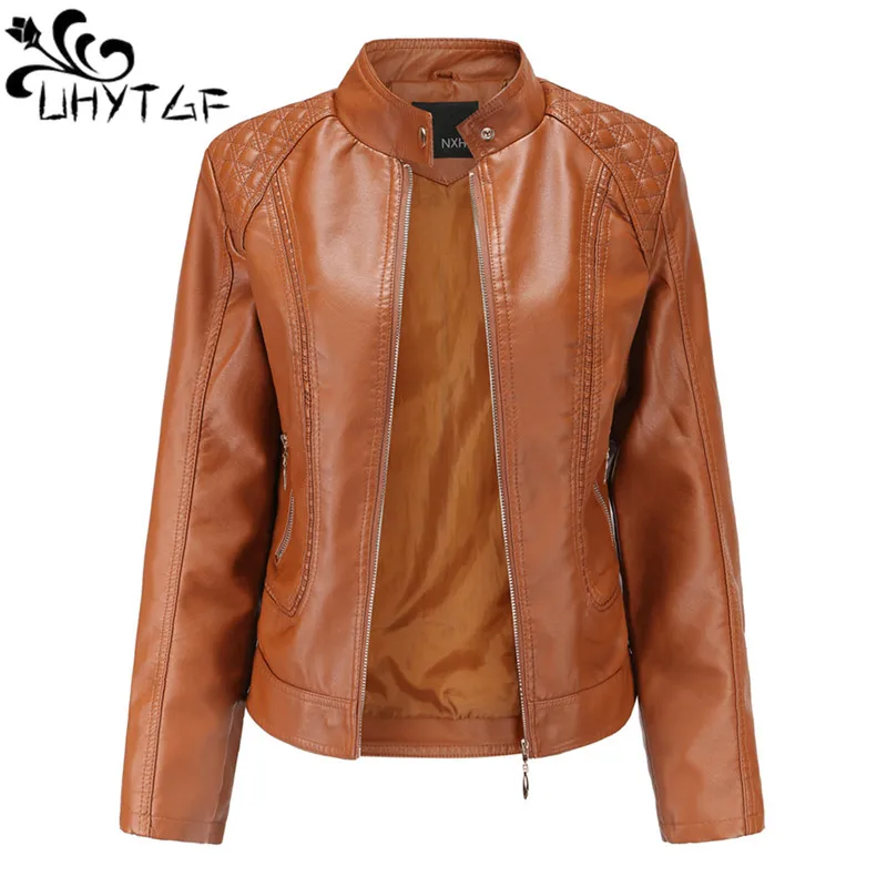 

UHYTGF Leather Jacket Women's Fashion Standing Collar Zipper Spring Autumn PU Leather Coat Female Slim Large Size Outerwear 2742