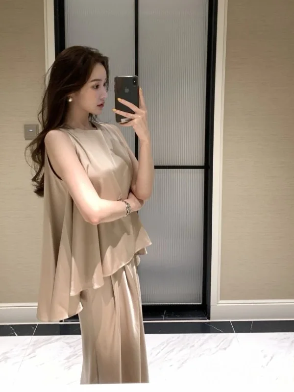 

Summer Elegant Long Dress Set Women's High Waist Vest Top Half Skirt Two Piece Suit Satin Sleeveless Fashion Ensemble