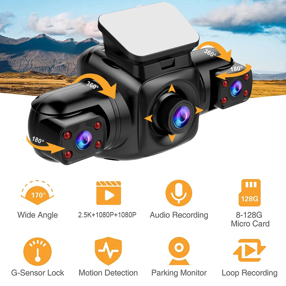 3 Cameras WIFI Dash Cam For Cars,Front,and inside camera 1440P+1080P*2 Car DVR ,360 Degree view IR Night Vision Video Recorder