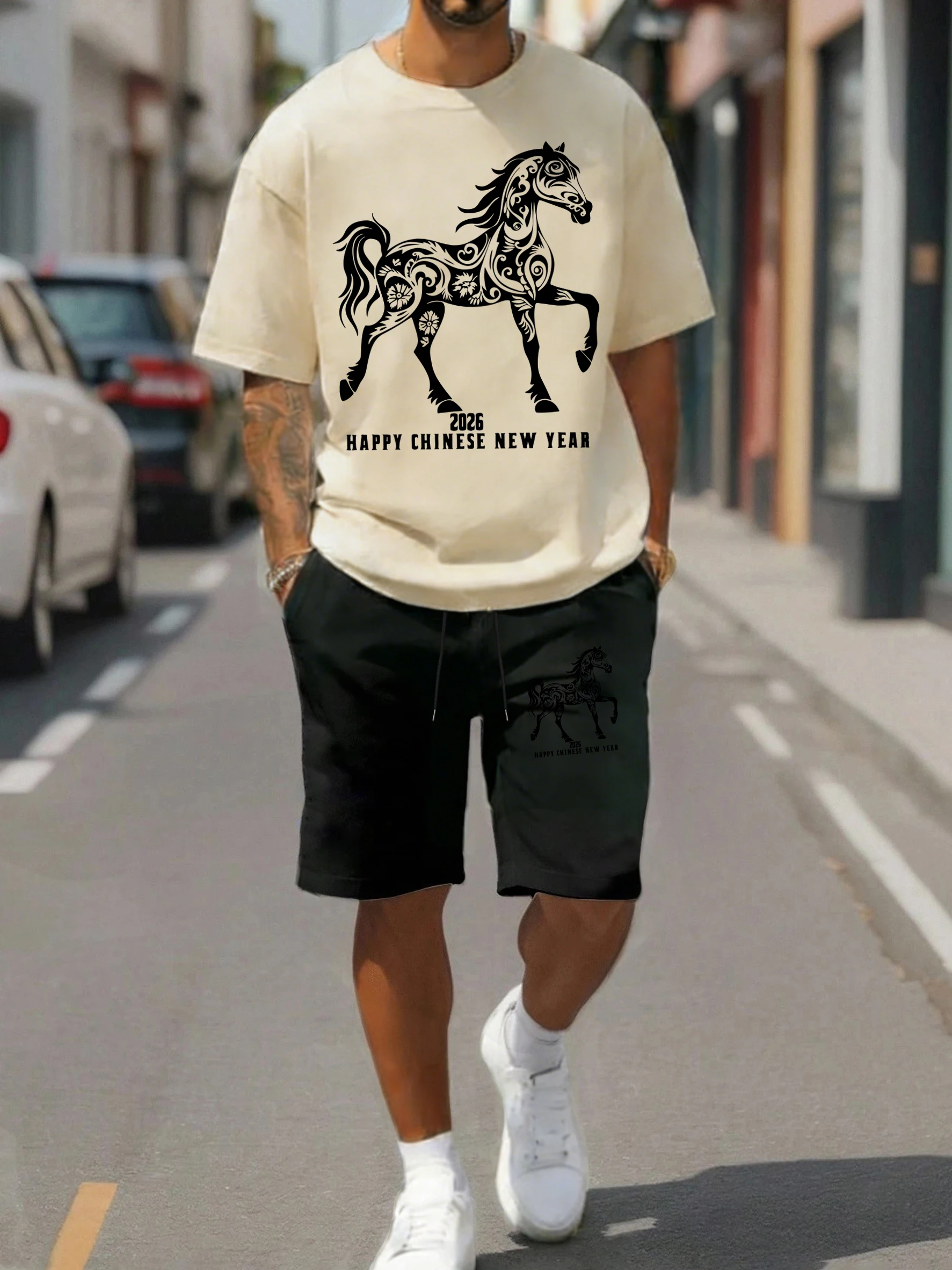 

Happy Chinese New Year 2026 Man Sportsuit Cotton O-Neck Summer Clothing Loose Fashion Drawstring Shorts Male All-Match Tee