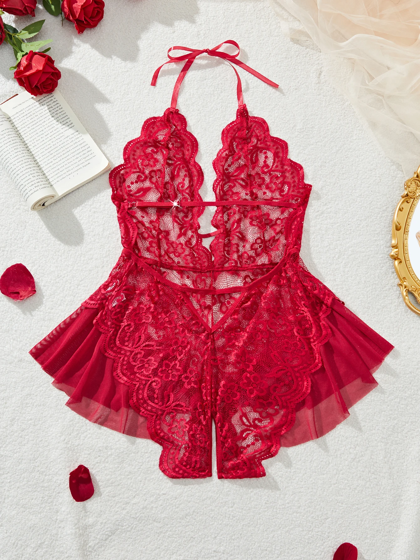 Plus Size Women's Sexy Crotchless Lingerie Lace Hollow Bodysuit Erotic Pajamas Deep V Open Bra Underwear Teddy Babydoll Dress - view 3