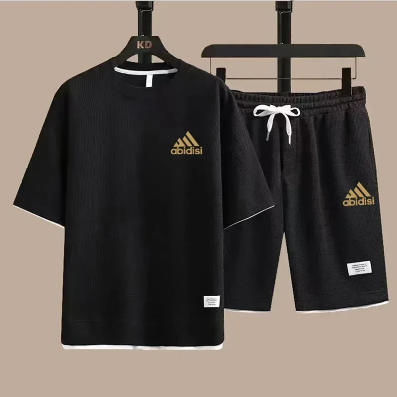 Sommer Anzug Für Männer Waffel Stoff Mode Casual Kleidung T-Shirt + Shorts Zwei Stück Set Männlichen Sport Anzug Kurzarm trainingsanzug