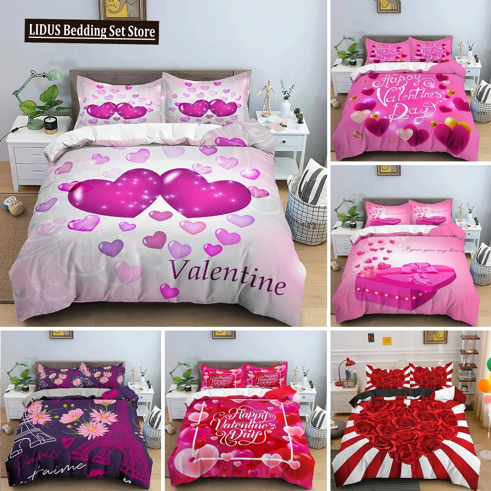 

3D Love Heart King Queen Duvet Cover Valentines Gift Bedding Set For Girls Women Couples Soft Polyester Quilt Cover Home Textile