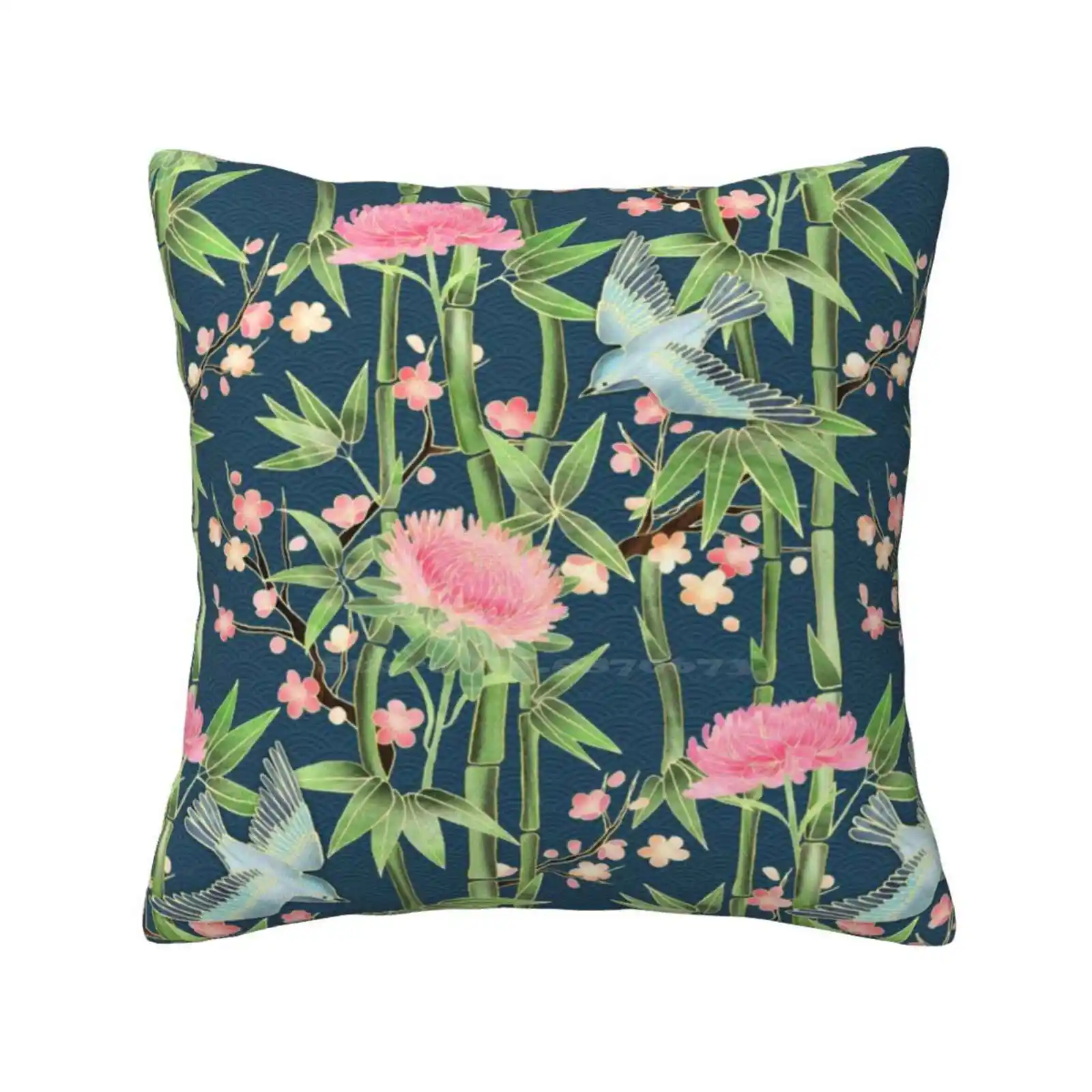 Bamboo , Birds And Blossom-Dark Teal Home Sofa Car Waist Throw Pillowcase Nature Garden Japanese Cherry Blossoms Bamboo Birds