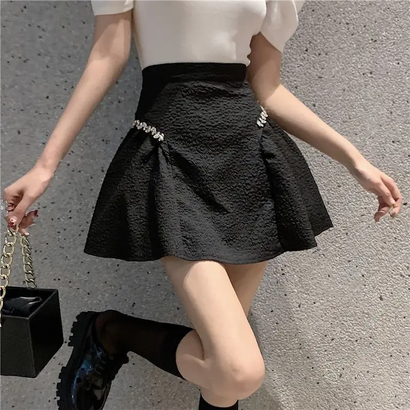 Summer Women's Clothing Solid Color Elastic High Waist Tie Flowers Sequined Metallic A-Line Korean Fashion Commute Mini Skirts