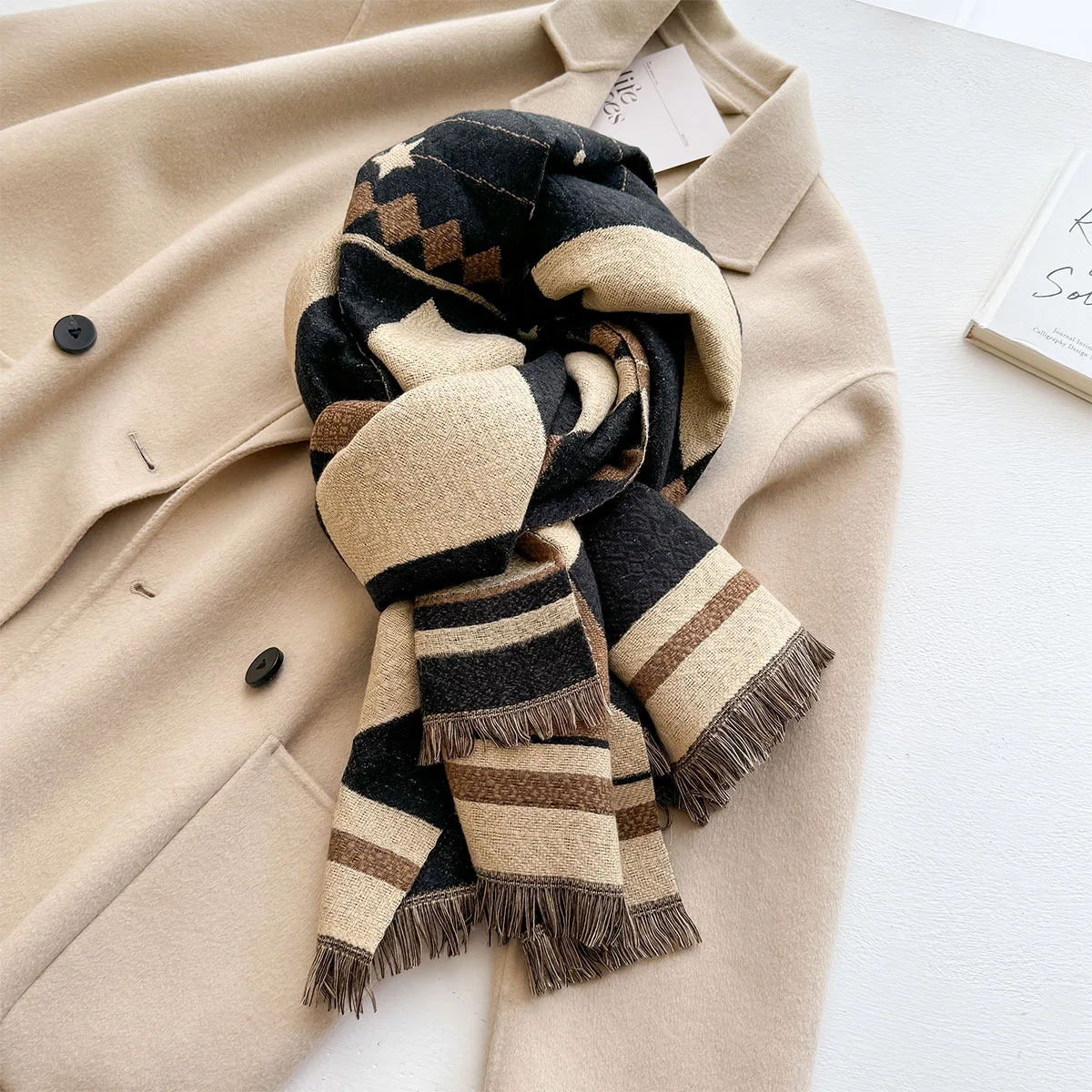 Korean New Diamond Lattice Fashion Double-sided Imitation Cashmere Scarf Women Men Thicken Warm Shawl Autumn Winter Neck Scarves